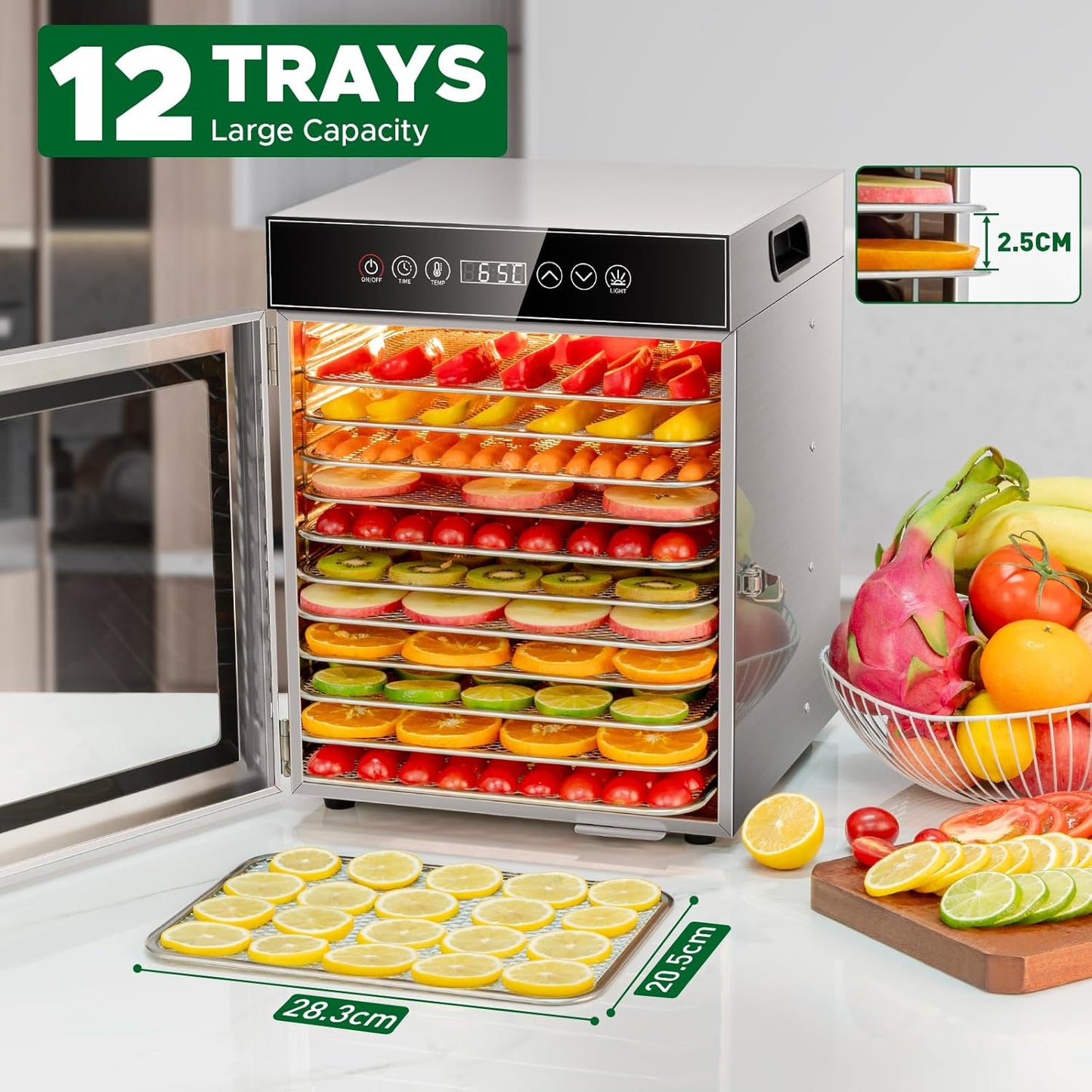 Kwasyo Voedseldehydrator 12 trays, 750W roestvrijstalen dehydrator, voedseldroger UK met digitale timer en temperatuurregeling, oververhittingsbeveiliging, receptenboek inbegrepen