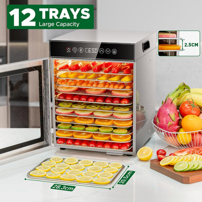 Kwasyo Voedseldehydrator 12 trays, 750W roestvrijstalen dehydrator, voedseldroger UK met digitale timer en temperatuurregeling, oververhittingsbeveiliging, receptenboek inbegrepen