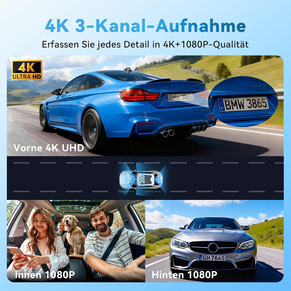 Dashcam Auto, 3 kanaalvoordeuren binnen 4K + 1080P + 1080P Dashcam, 490° Weitwinkel-Rundumbescherming, Auto Camera met 64 GB SD-kaart, 3,16 inch, nachtzicht, WDR, WiFi, G-sensor, loop-opname