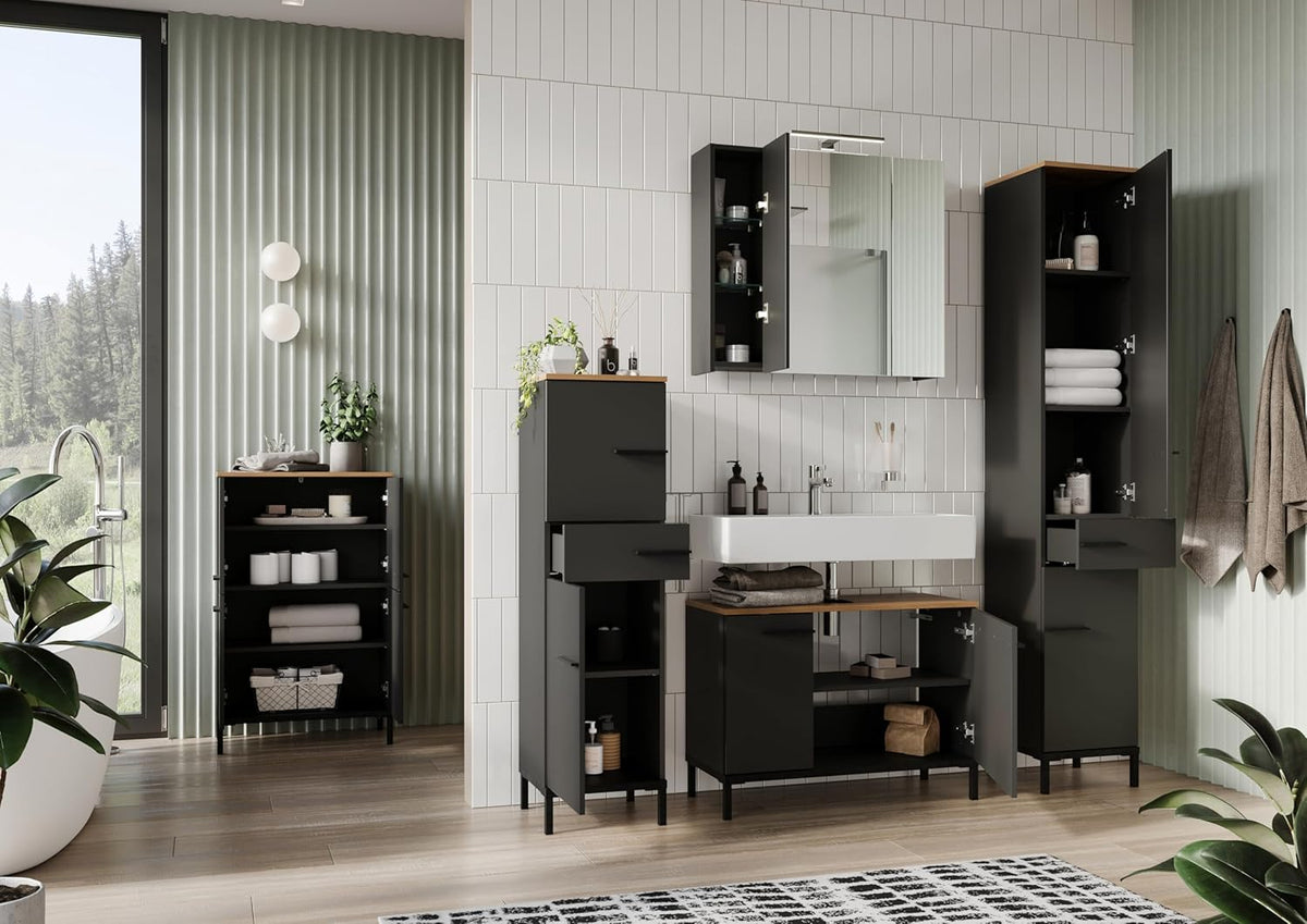 Germania WB Base Cabinet 2670-549 GW-Yonkers, in Graphite/Navarre Oak-Nb., with siphon recess, 80 x 59 x 34 cm (W x H x D) - QUORE