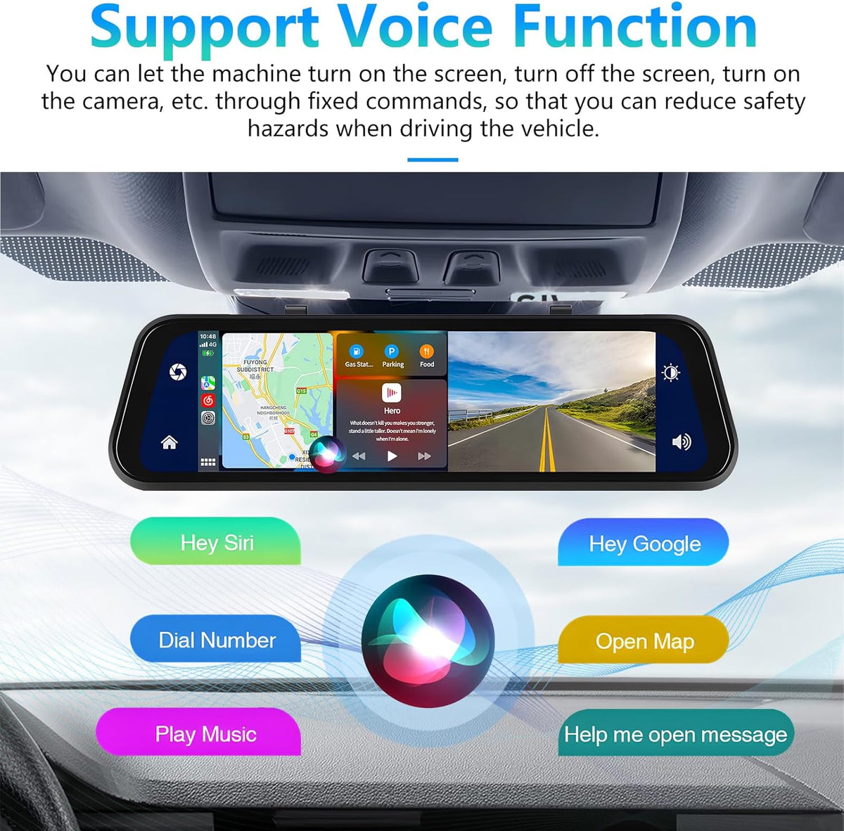 Podofo Mirror Dashcam met draadloze Carplay, Android Auto met HD achteruitrijcamera 9,66 inch IPS touchscreen Dual 1080P achteruitkijkspiegel Dashcam Dash Cam auto, 2 gedeelde schermen, Bluetooth