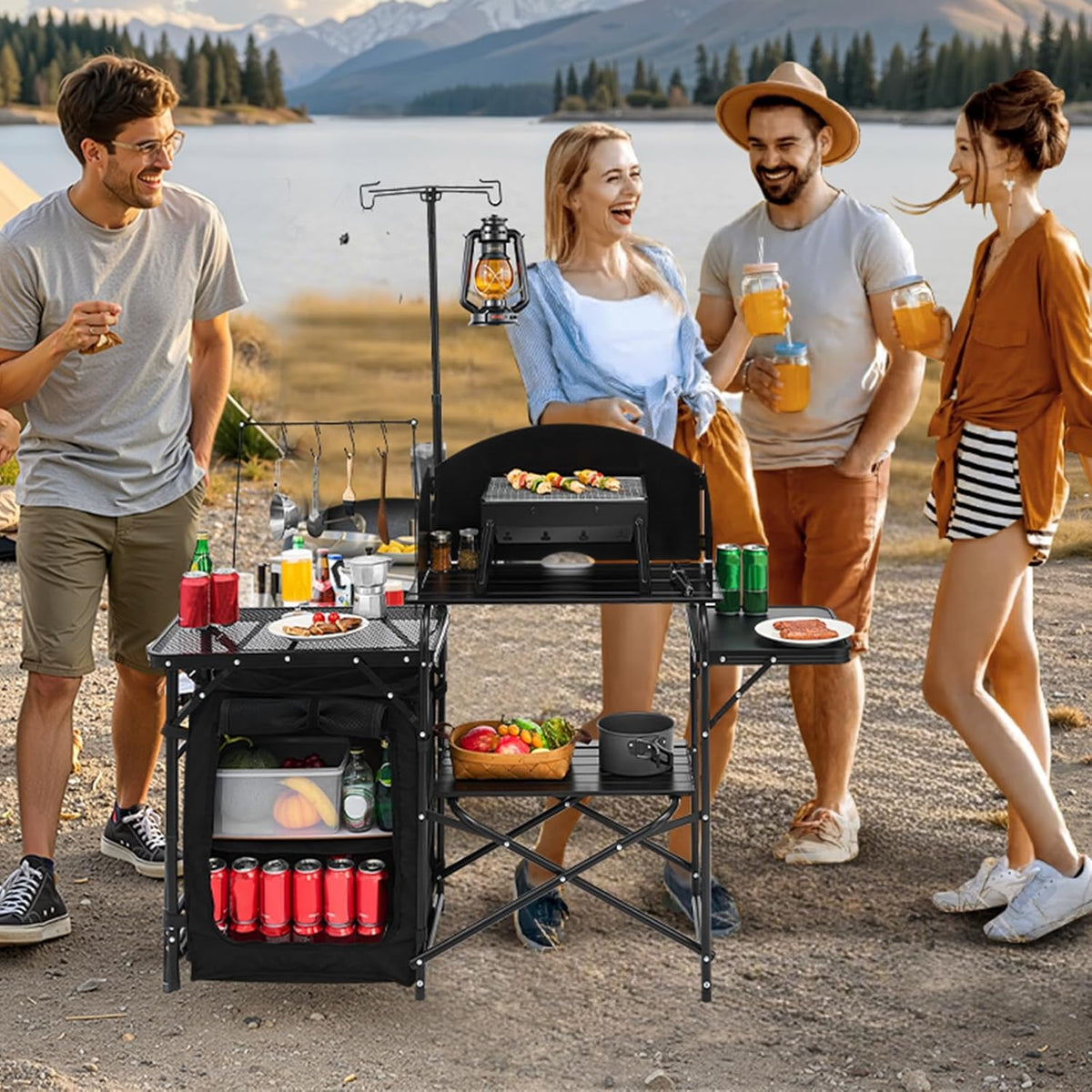 VEVOR Keukentafel voor camping buiten, aluminium, met opbergkast, draagtas, afneembare voorruit, geschikt voor barbecue, feest, picknick, reizen, camper, zwart