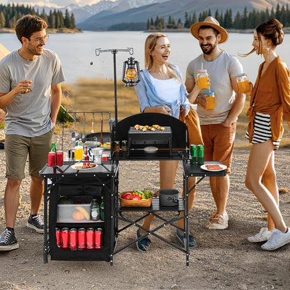 VEVOR Keukentafel voor camping buiten, aluminium, met opbergkast, draagtas, afneembare voorruit, geschikt voor barbecue, feest, picknick, reizen, camper, zwart