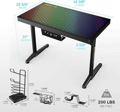 EUREKA ERGONOMIC Gamingbureau, led, bureau, gamer, 110 cm, van glas, voor gaming, pc, computer, synchroniseren met muziekritme, RGB-verlichting via app-besturing