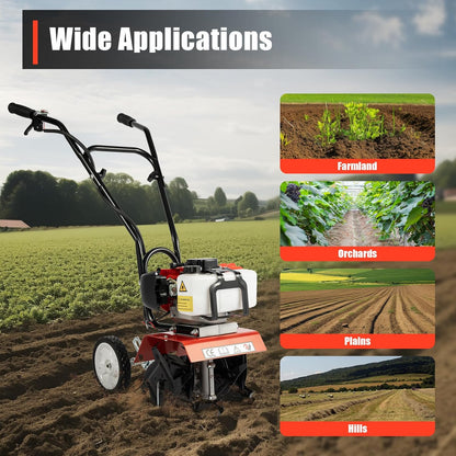 52CC 2-Stroke Garden Tiller, Petrol, 1.9 KW, Field Planter, Garden Cutter, Motor Chopper, 6500-7000 RPM, Petrol Cultivator, Motor Chop, Ground Cutter, Plow Cultivator, Field, Groove Pulling - QUORE
