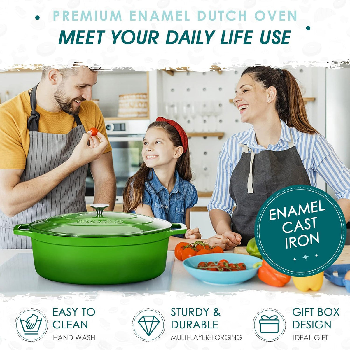 Vancasso Cast Iron Pan, Bread Bins, 8 Litres, Diameter 37 cm, Enamel Pan, Induction, Stewpan, Casserole for Gas Stove, Ceramic Hob, Induction/Oven, Large, Dutch Oven, Green - QUORE