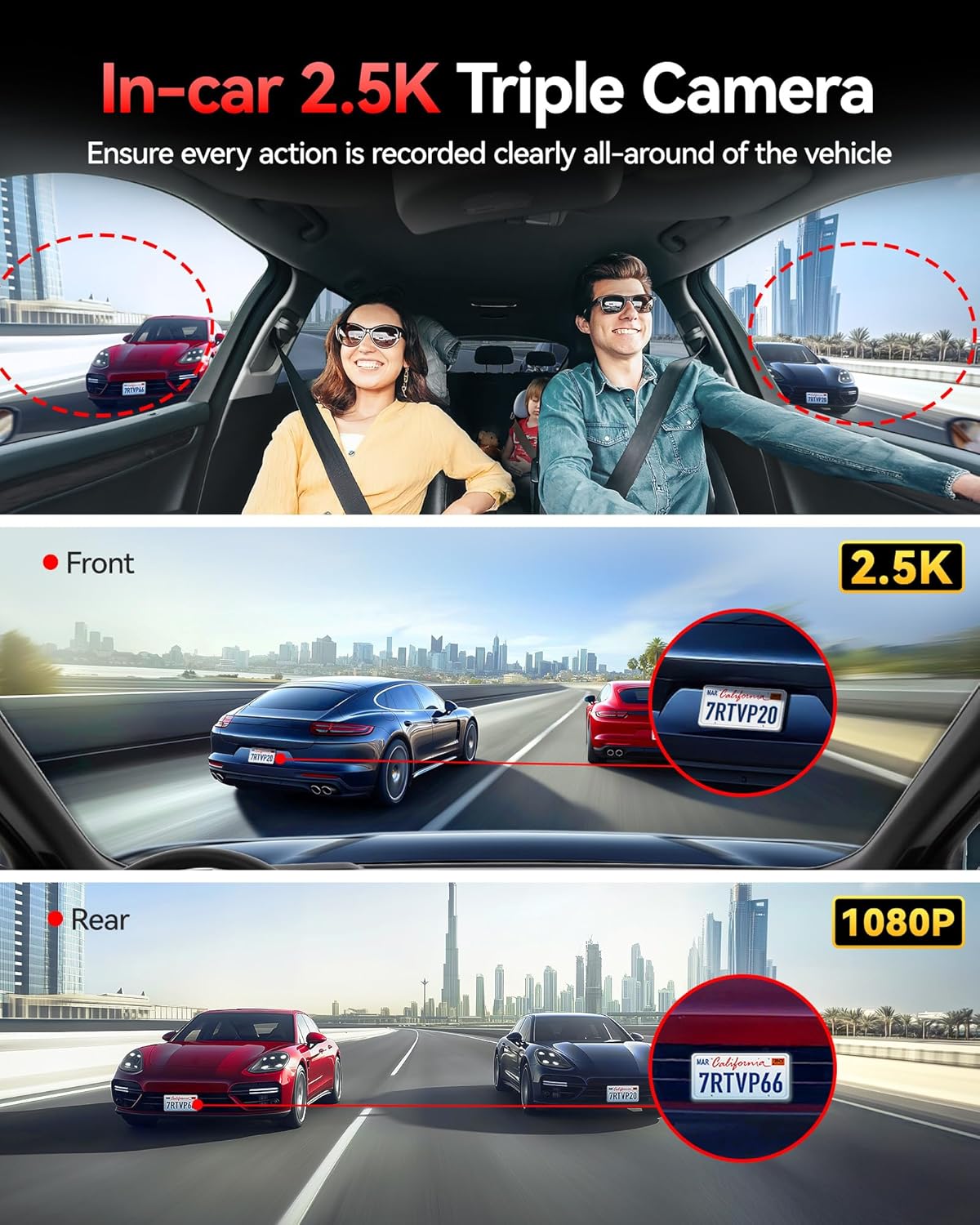 Dashcam Auto – Autocamera – Auto Camera – Rijcamera – Auto Dashcam – 3-Kanaals Met 530° Dekking – 2,5K + 2,5K + 1080p