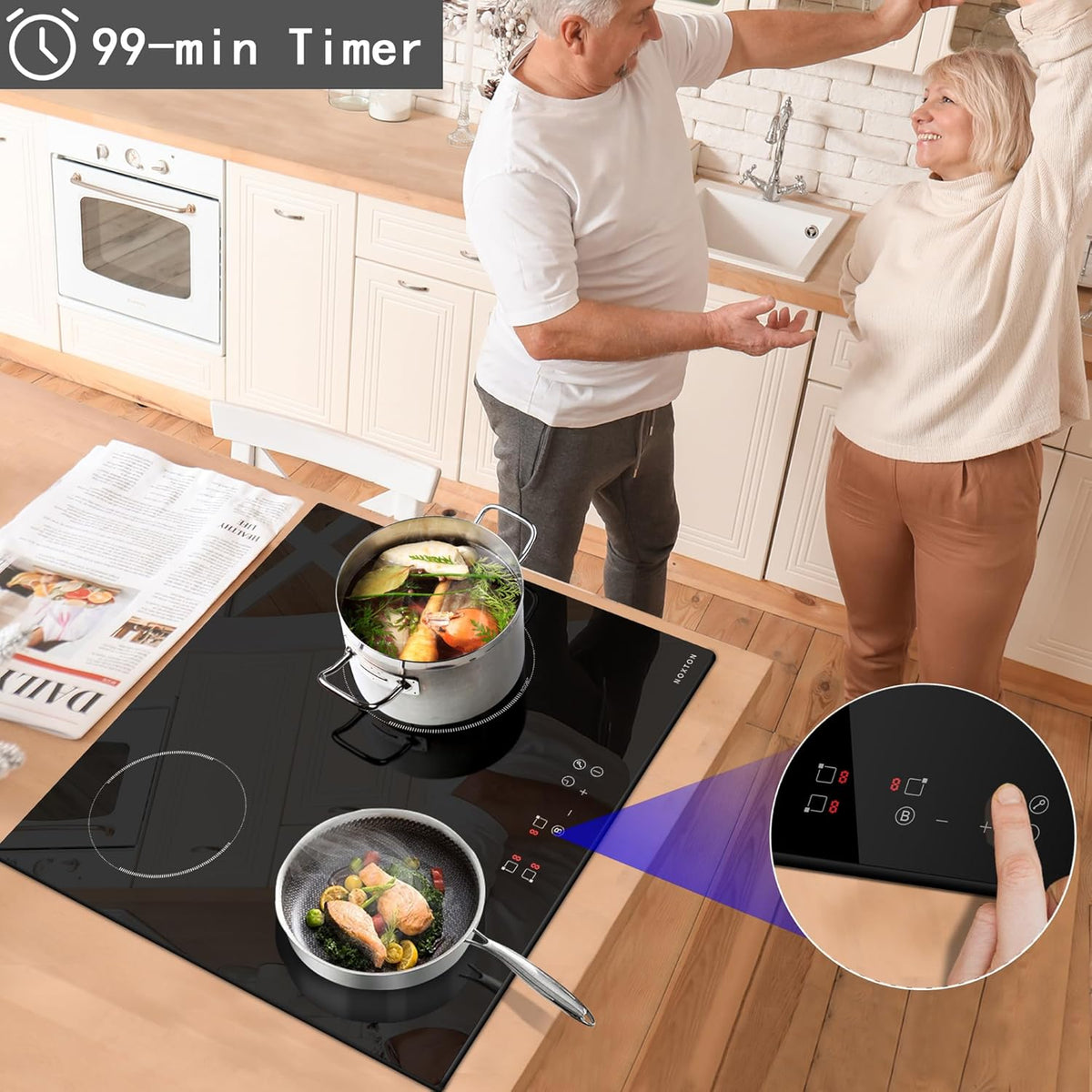 NOXTON Inductiekookplaat 3 kookplaten 60 cm, uitgerust met een 60cm stekker, touch control, 1-90 minuten timer, 9-speed, kinderslot, automatisch sluiten, warmteindicator (3500 watt).