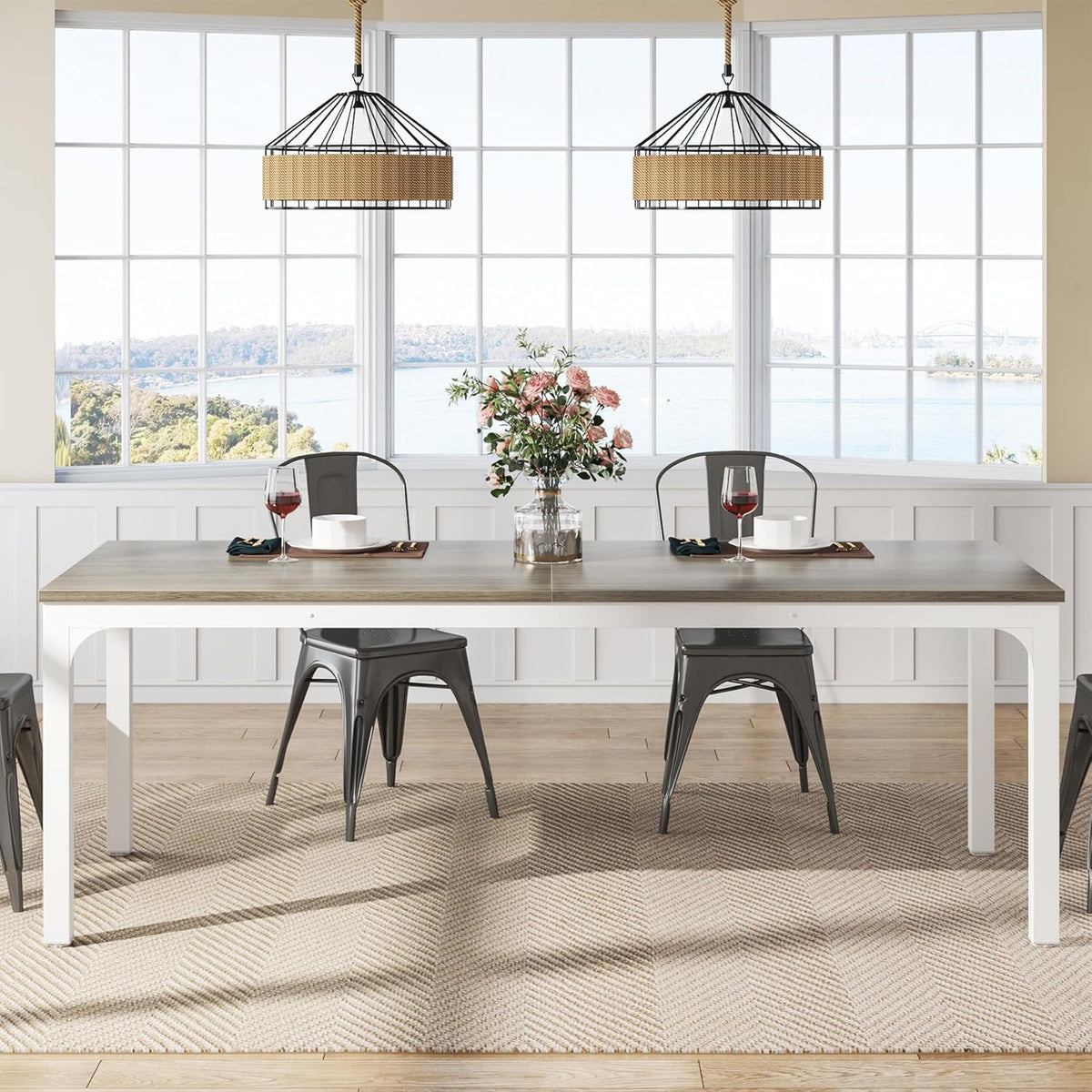 Tribesigns Dining Table for 6 to 8 People, Rectangular Kitchen Table with Sturdy Metal Legs for Living and Dining Room, Industrial Design, 200 x 70 x 75 cm (Oak, 200 x 70 x 75 cm)