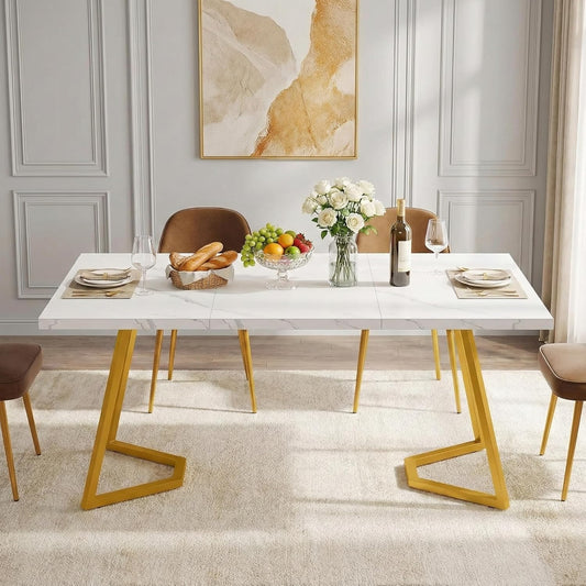 Lailang 140cm Eettafel, Oval Dining Table, Eetkamertafel Marmer, Eettafel 6 Personen, White Dining Table, 140 x 80 x 75 cm, White Gold
