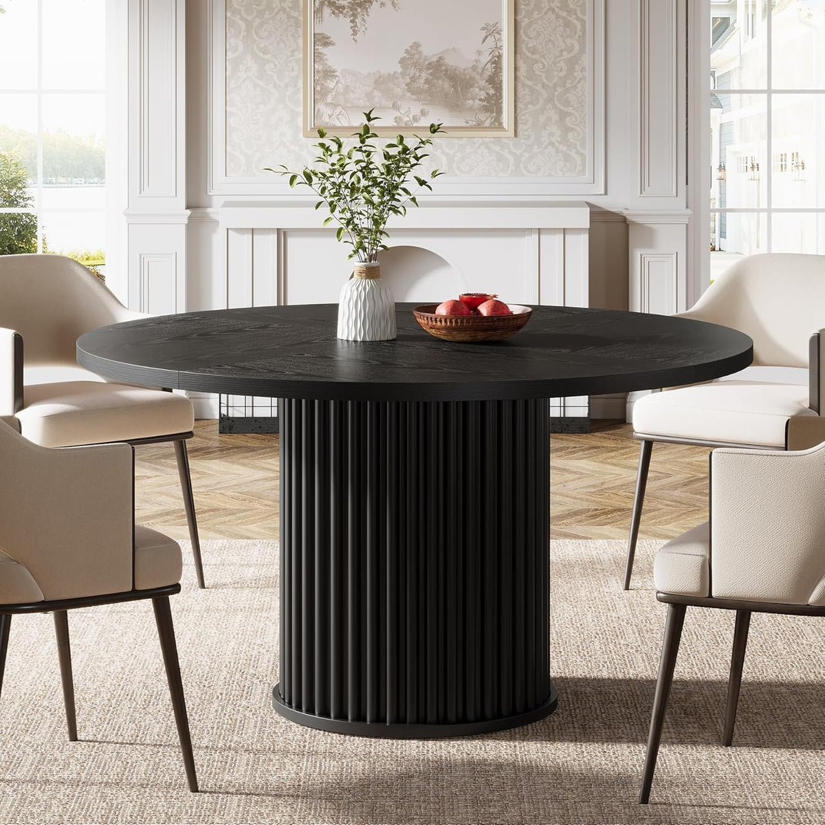 Tribesigns Black Round Dining Table for 4-6 People, 110cm Circle Kitchen Table with Sturdy Metal Base, Modern Dining Room Furniture