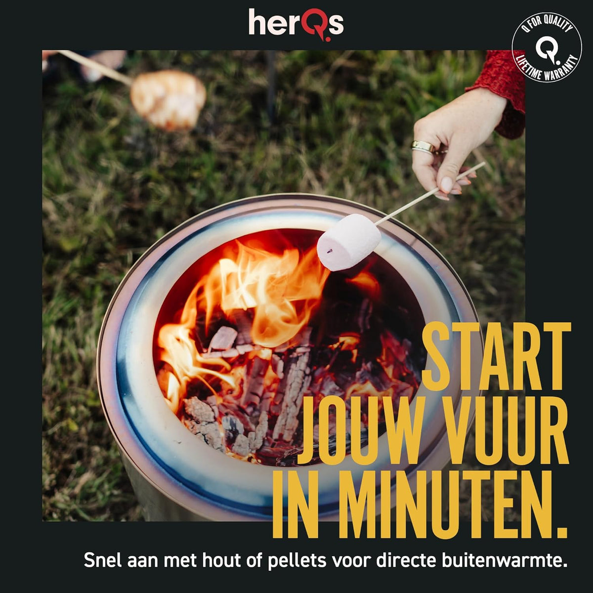herQs Cozy - Rookvrije vuurkorf van roestvrij staal Ø38 cm voor 4-6 personen – Smokeless firepit met secundaire verbranding – Inclusief draagtas en asopvangbak - voor de kleine en gemiddelde tuin