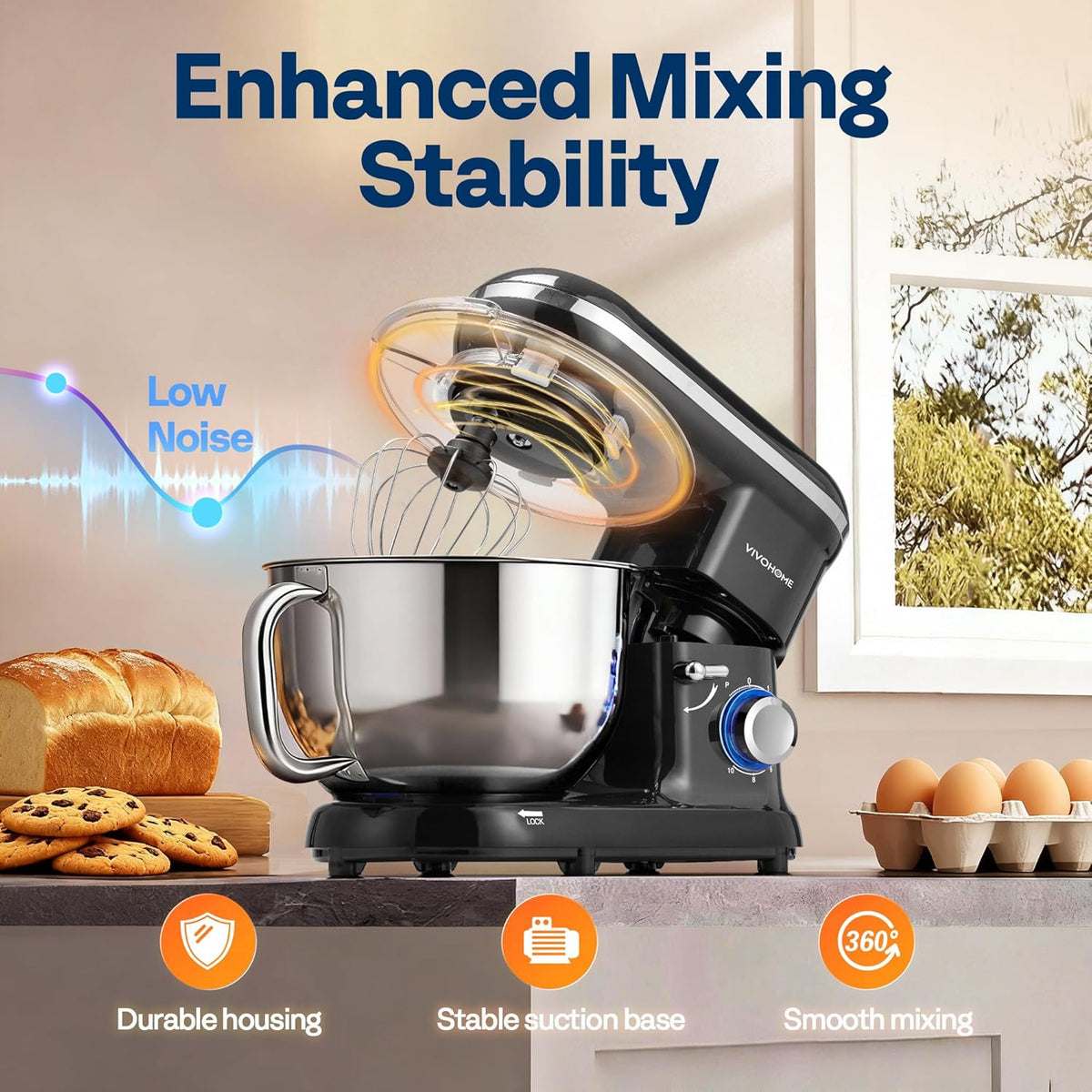 VIVOHOME Keukenmachine 5,7L Kneedmachine1500W met 10 Snelheden, Pulsfunctie, Deegmachine met Spatbescherming, Roermachine met Kneedhaak, Garde en Eigeelscheider Zwart