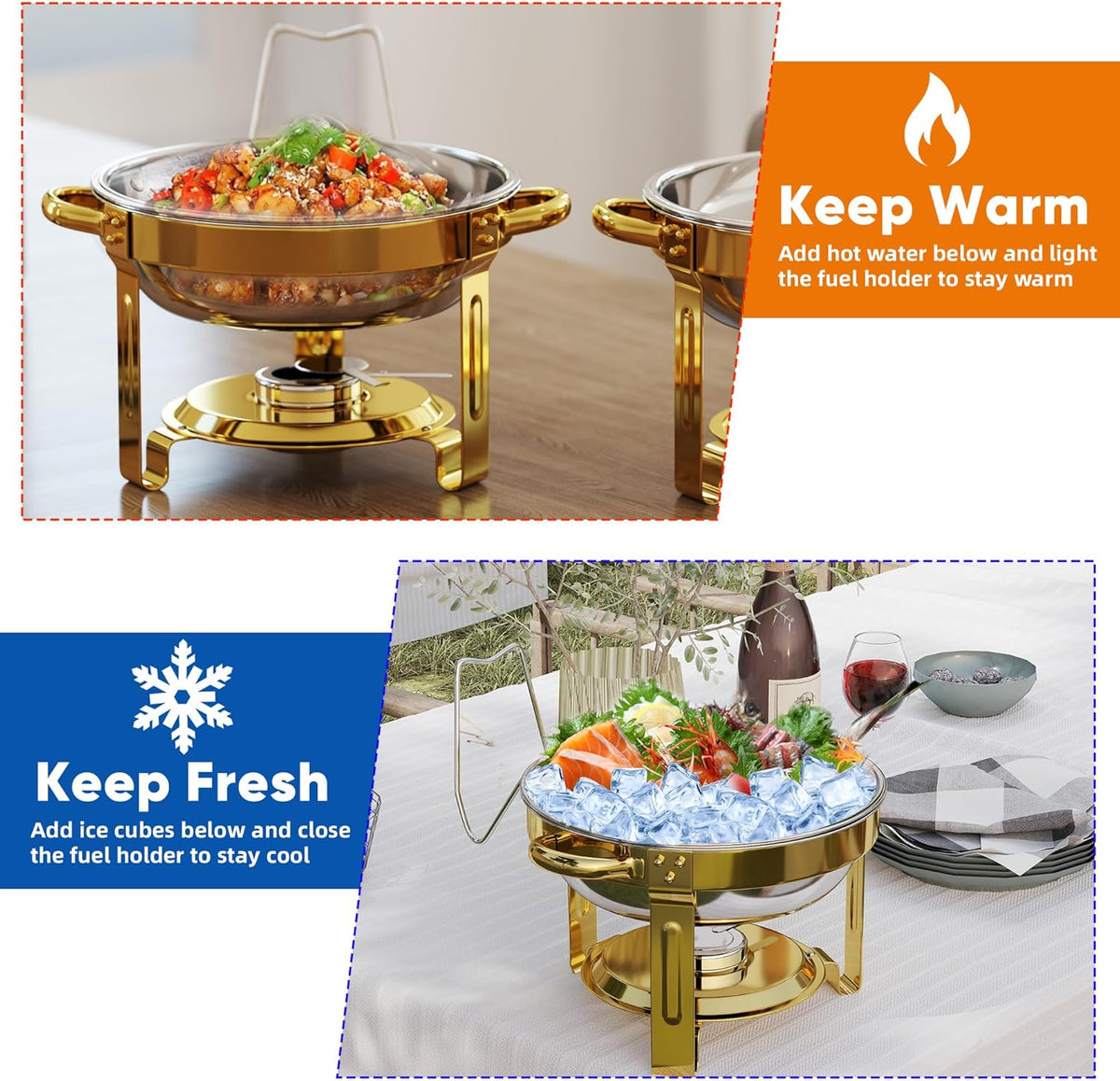 4 stuks gouden ronde schaafschalen voor buffet, 5 QT buffetwarmer-voedselserver met doorzichtig deksel en serveergerei roestvrijstalen voedselverwarmers voor feesten, bruiloften