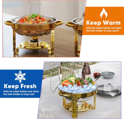4 stuks gouden ronde schaafschalen voor buffet, 5 QT buffetwarmer-voedselserver met doorzichtig deksel en serveergerei roestvrijstalen voedselverwarmers voor feesten, bruiloften