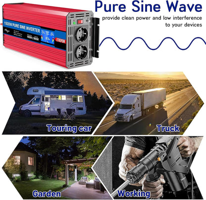 1500w/3000W Omvormer Zuivere Sinus Spanningsomvormer 12v 230v Stroomomvormers met 2 EU-stopcontact en 1 USB-poort, Draadloze Afstandsbediening, LCD-Scherm