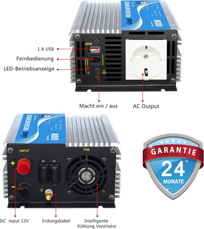 600 W omvormer, zuivere sinus, spanningsomvormer, 12 V naar 230 V, power inverter met afstandsbediening en USB-aansluiting voor laptop, camera, smartphone, GIANDEL zilver