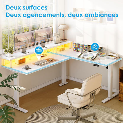 OffiGo Desk Height Adjustable, 150 x 120 cm Corner Desk Electric Standing Desk with Monitor Holder, L-Shape Electric Standing Desk with Power Outlets, Computer Desk with LED for Office, White - QUORE