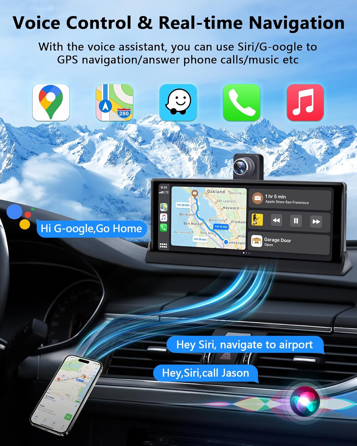4K Apple Carplay Android autodisplay met exclusieve houder, 350° draaibaar 10,26 inch autodisplay, Car Play scherm, Buddy display met Siri/G-oogle GPS-navigatie, bluetooth, 64 GB TF-kaart