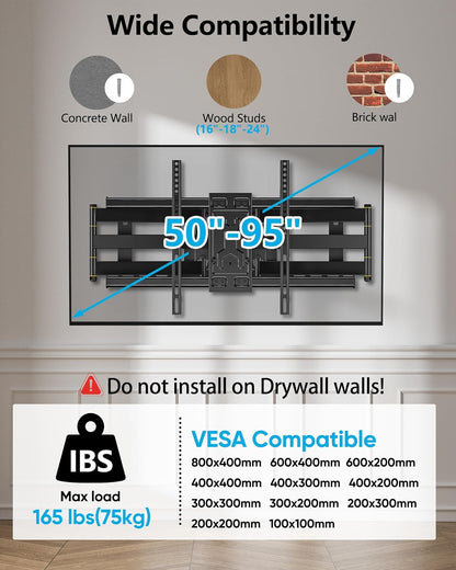TV-muurbeugelbevestiging voor 50-95 inch – TV-beugel, TV-wandbeugel, Muursteun, TV-houder – Extra Lang Uitschuifbereik Tot 765 Mm – Tot 75 Kg, Geschikt Voor Platte En Gebogen Tv's