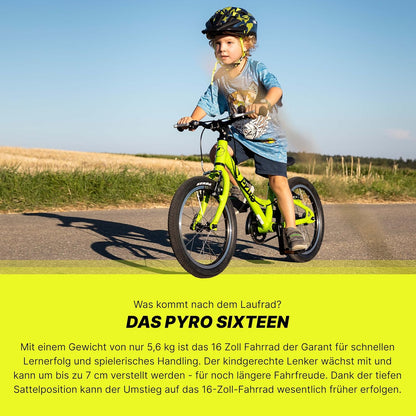 TechniBike PYRO SIXTEEN - lichte kinderfiets 16 inch voor meisjes en jongens (meegroeiend stuur, lage instap, slechts 5,6 kg)