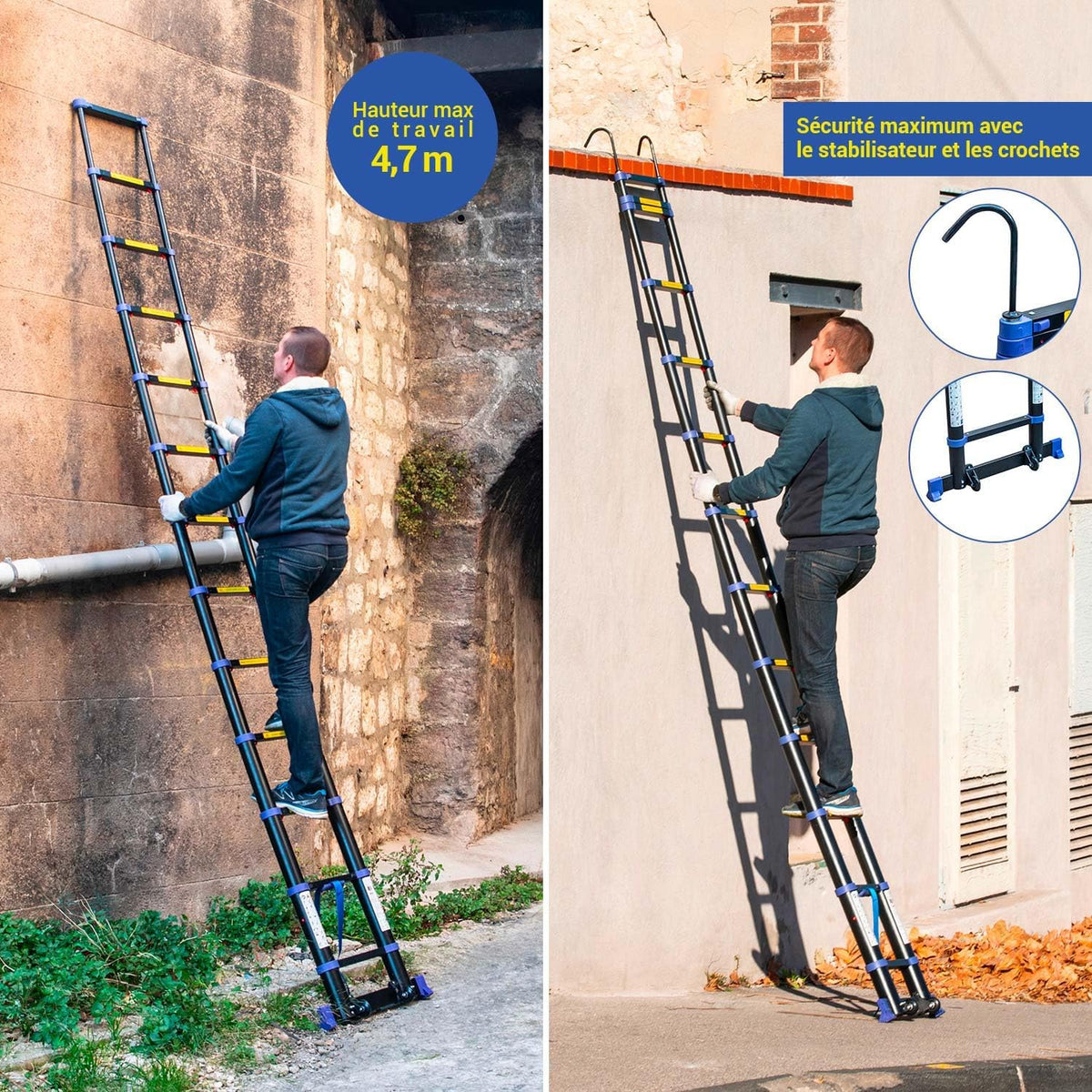 Telescopische ladder 3,8 m TELESCOVA12+, aluminium, opvouwbaar, uittrekbaar, multifunctioneel, werkhoogte max. 4,7 m, afneembare haken