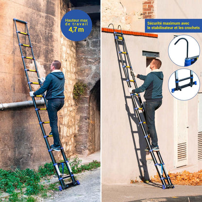 Telescopische ladder 3,8 m TELESCOVA12+, aluminium, opvouwbaar, uittrekbaar, multifunctioneel, werkhoogte max. 4,7 m, afneembare haken