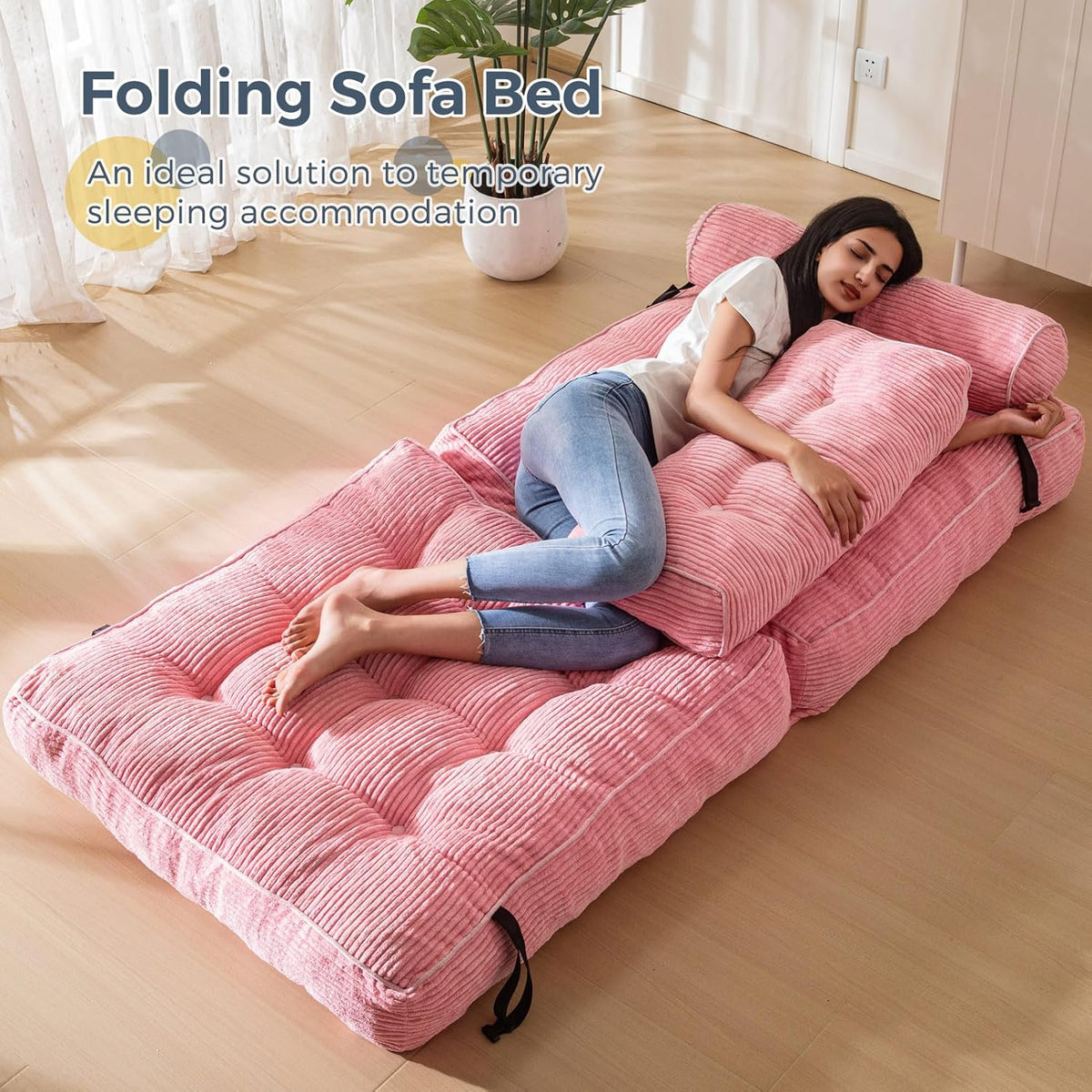 MAXYOYO Folding Sofa Bed Convertible Sofa Bed with Pillows, Mattress with Backrest, Portable Bed Chair Comfortable Floor Sofa for Living Room Bedroom, Pink