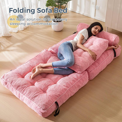 MAXYOYO Folding Sofa Bed Convertible Sofa Bed with Pillows, Mattress with Backrest, Portable Bed Chair Comfortable Floor Sofa for Living Room Bedroom, Pink