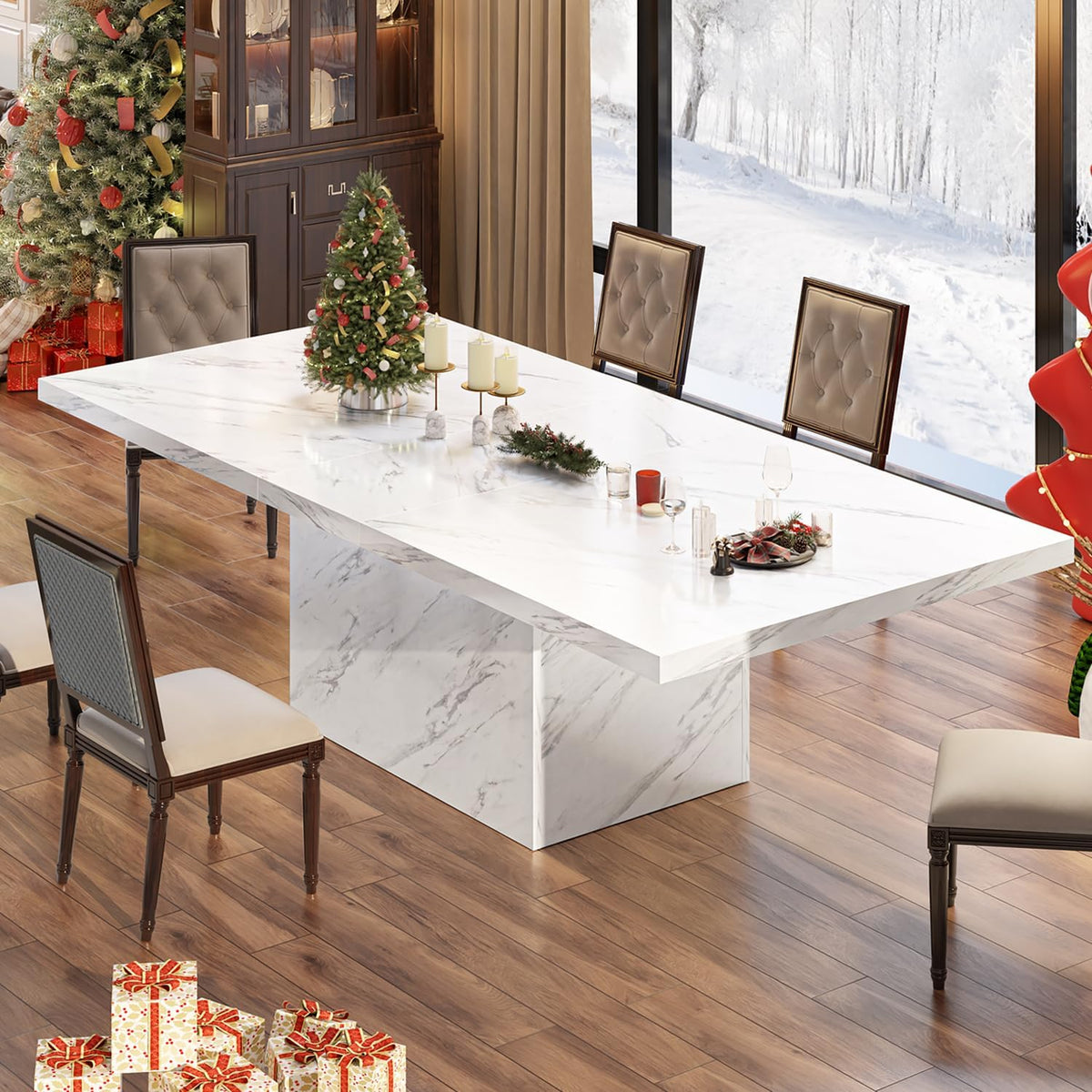 Eettafel – Keukentafel – Eetkamertafel – Tafel – Witte Tafel – Kunstmarmeren Blad – Industriële Houten Onderstel – 180 x 80 cm – Geschikt Voor 6-8 Personen