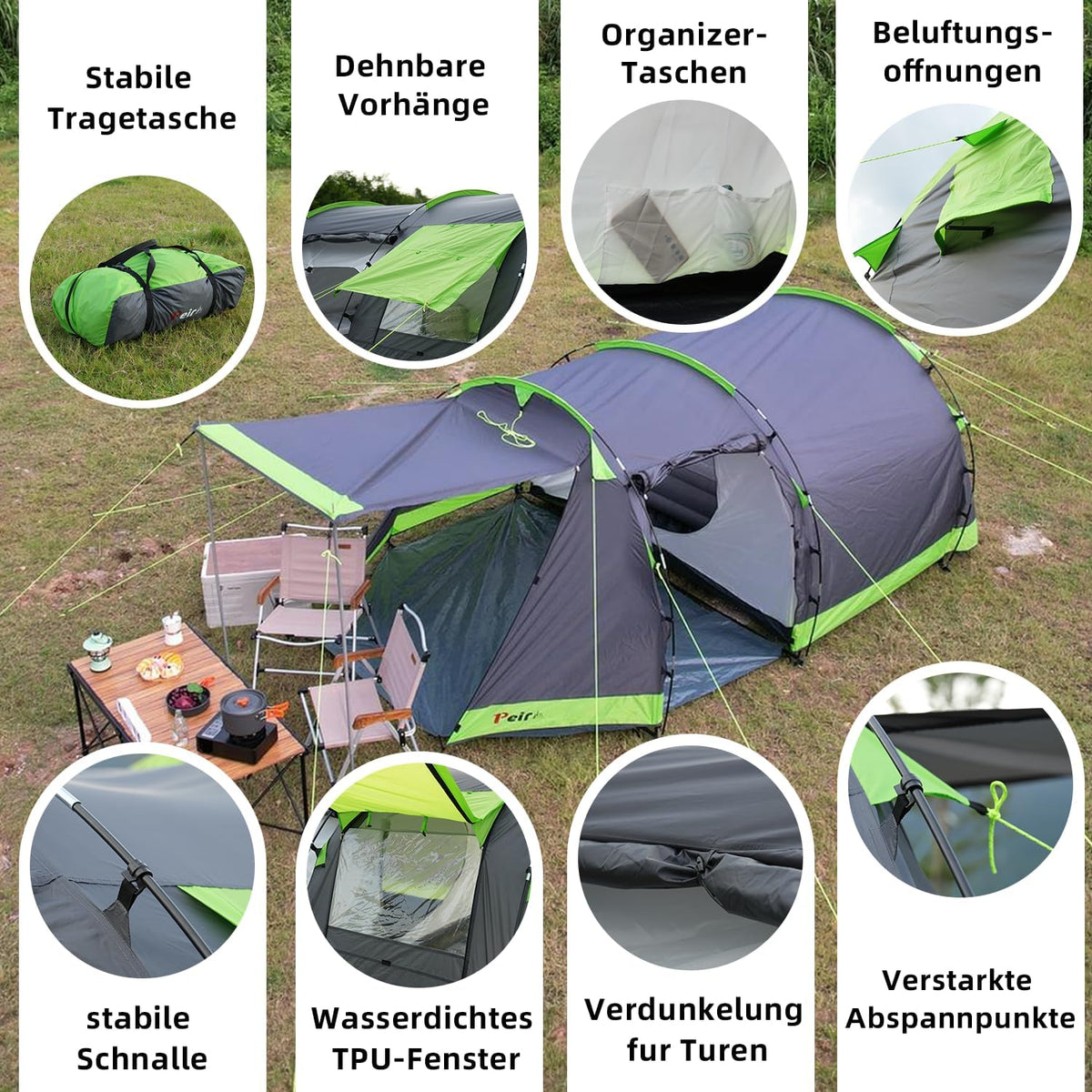 Tunneltent voor 4 personen, tipi-tent, grote campingtent met slaapcabine, 3000 mm waterdichte familietent, huistent met 3 ingangen, glamping-tent met afneembare tentbodem