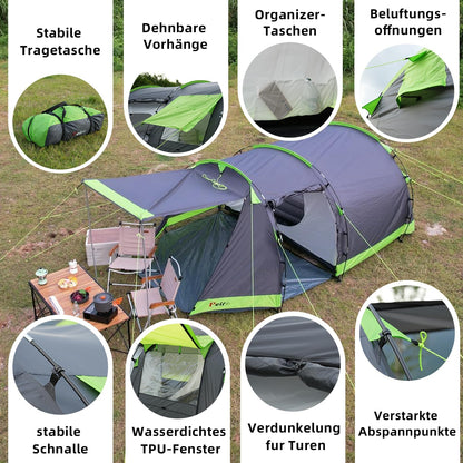 Tunneltent voor 4 personen, tipi-tent, grote campingtent met slaapcabine, 3000 mm waterdichte familietent, huistent met 3 ingangen, glamping-tent met afneembare tentbodem