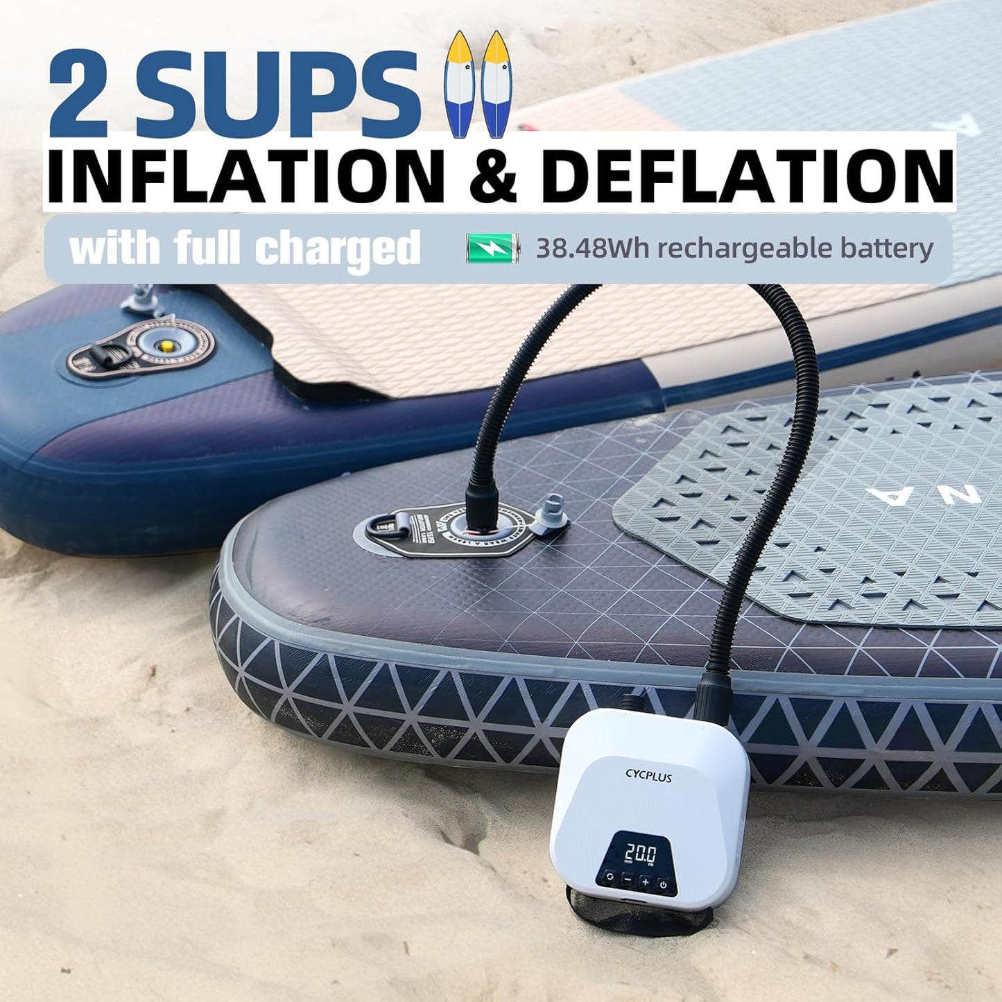 CYCPLUS 20PSI High Pressure Smart SUP-luchtpomp, oplaadbare batterij, intelligente tweetraps inflatie en deflatie, auto-off luchtpomp voor stand-up paddleboards, vlieger, tent, matras