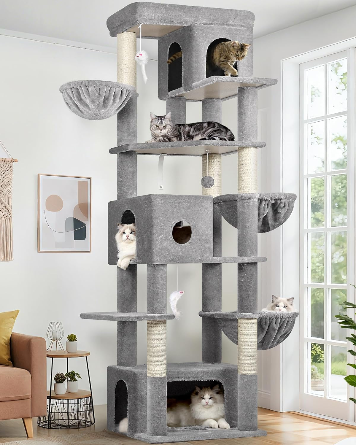Globlazer Cat Tree Large, Scratching Post XXl high 204cm with 3 cat house, 2 Large Platform, 2 Cat Baskets Soft, Stable cat tower luxury for 3-5 Large cats Rest Play Indoor (F80F, Light grey) - QUORE