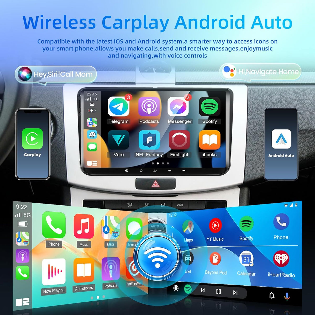 Car Radio for VW Volkswagen Jetta Passat Seat Golf Tiguan Skoda Polo Beetle, 9 Inch Touchscreen Wireless Carplay & Android Auto Car Stereo with Bluetooth/EQ/GPS/WiFi/FM RDS Radio
