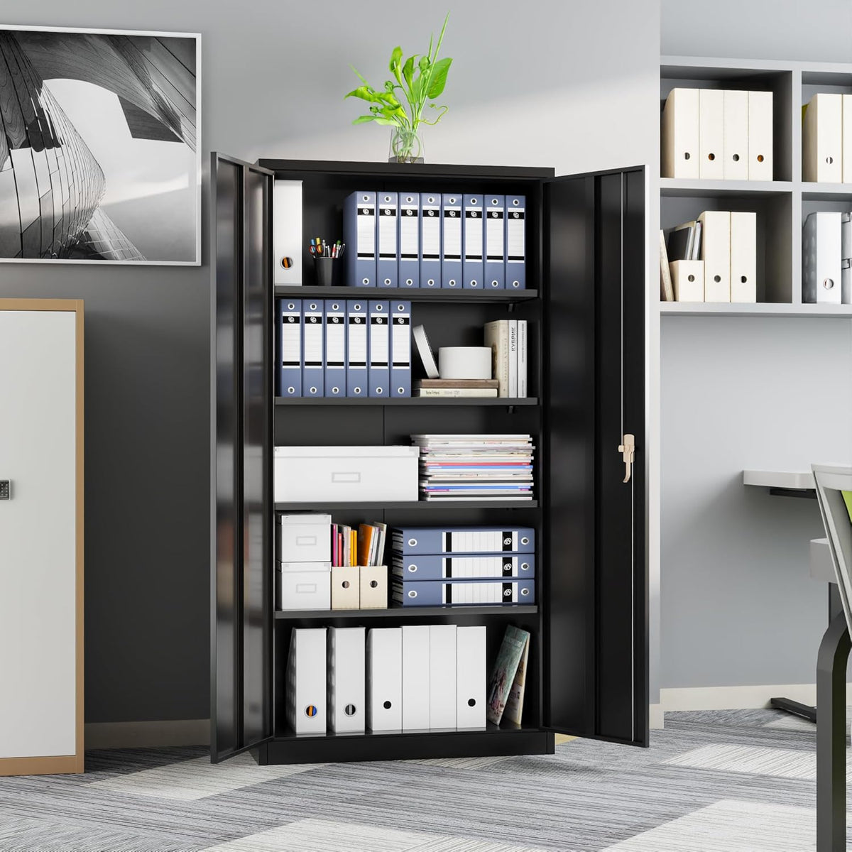 Archiefkast, metalen kast met 4 in hoogte verstelbare planken, staalplaat met poedercoating, stalen kast voor gereedschap, Garage 180 x 80 x 40 cm (zwart)