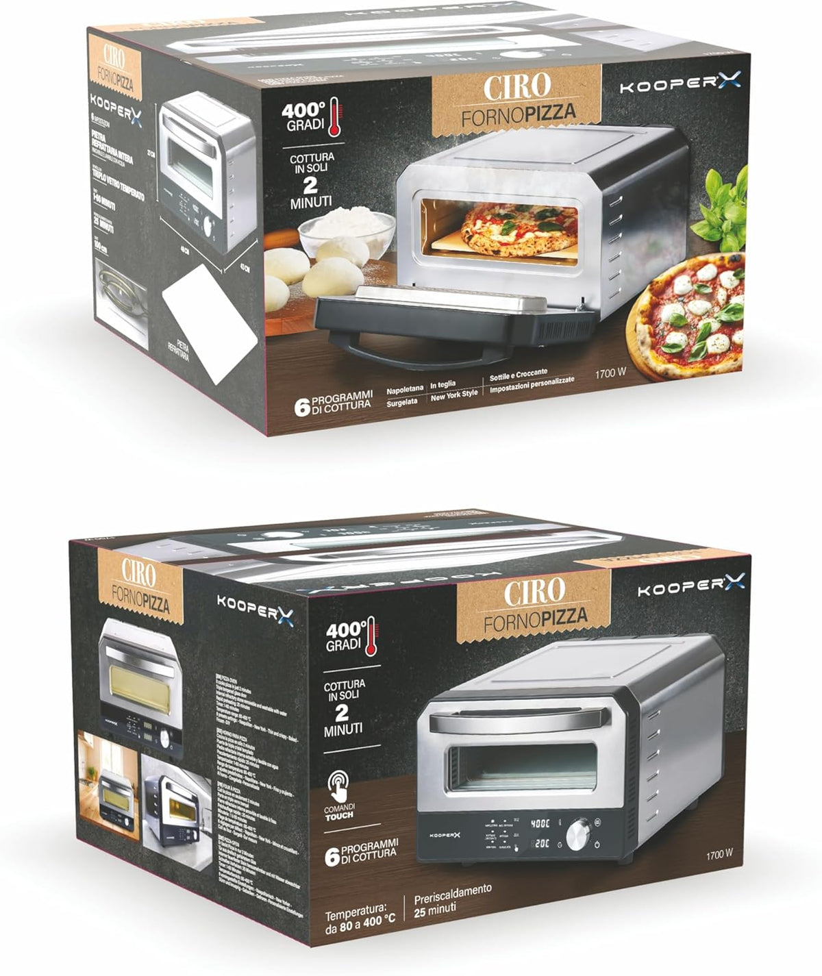 Pizzaoven 43 x 48 x 27 cm, behuizing van roestvrij staal, 6 gaarinstellingen tot 400 °C, 1700 W, Kooper X