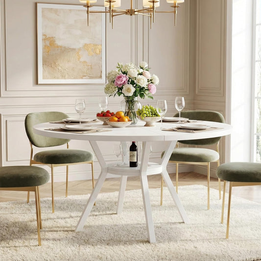 Eettafel – Ronde Tafel – Keukentafel – Diner Tafel – Tafel Met Opbergruimte – Wit – 120 cm Diameter – Met Metalen Onderstel - QUORE