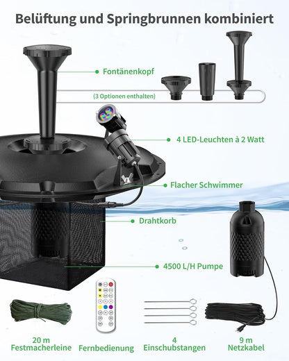 POPOSOAP Drijvende vijverfontein en beluchter, complete set met ledlampen, 4600 l/u waterpomp, 9 m netsnoer, 3 sproeivarianten voor vijvers, zwembaden, meren en watertuinen