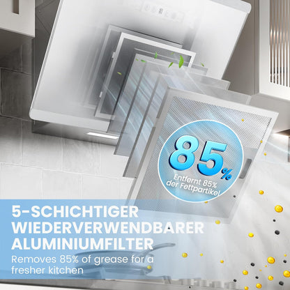 COMFEE CH60J64ET4A2W A++ afzuigkap 60 cm, afzuigkap 60 cm convectie en afvoerlucht, 380 m³/h luchtstroom, roestvrij staal/glazen design met touchscreen, led, afzuigkap incl. koolstoffilter, wit