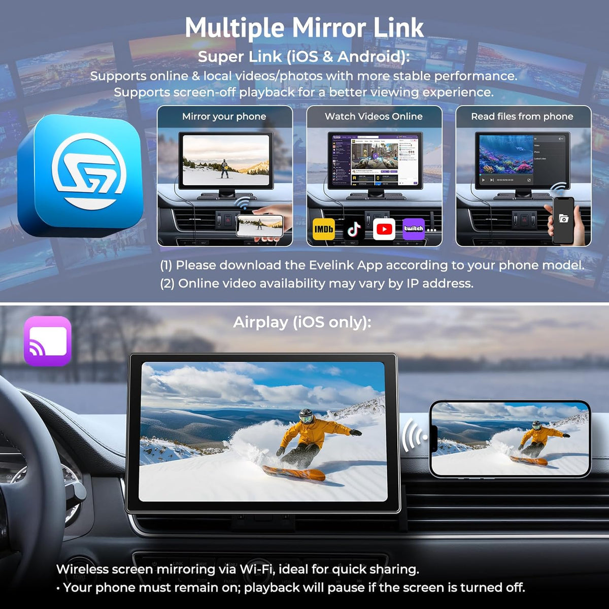 CarPlay Draagbaar autoscherm, IPS HD, 9 inch, draadloos CarPlay en Android Auto Touchscreen met SuperLink camera, 4K achteruitrijcamera, 1080p gesp opname