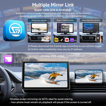 CarPlay Draagbaar autoscherm, IPS HD, 9 inch, draadloos CarPlay en Android Auto Touchscreen met SuperLink camera, 4K achteruitrijcamera, 1080p gesp opname