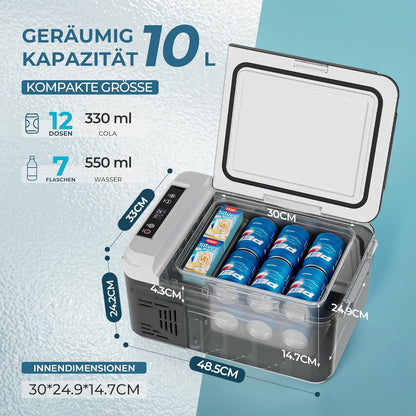 EUHOMY Draagbare koelbox voor compressor 10 l (-20 °C ~ 20 °C), DC 12/24 V AC 230 V draagbare compressor met app-bediening, 15 minuten snelle koeling, ECO/MAX modi