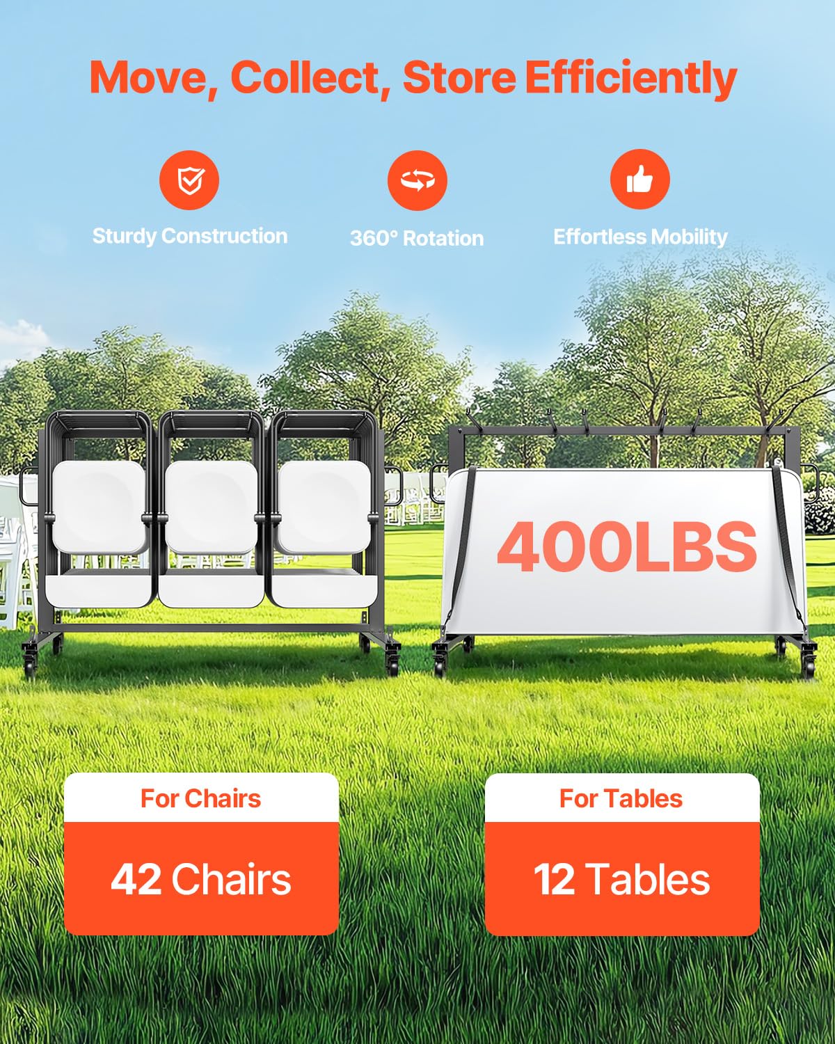 VEVOR Folding Chair Stand, 181 kg Load Capacity, Folding Chair Trolley for 42 Seats or 12 Tables, Multifunctional Chair Trolley with Rubber Wheels and Holders, Large Seat Holder, Matte Black