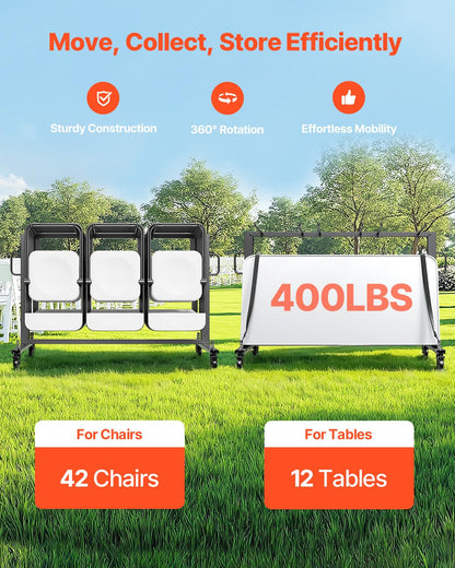 VEVOR Folding Chair Stand, 181 kg Load Capacity, Folding Chair Trolley for 42 Seats or 12 Tables, Multifunctional Chair Trolley with Rubber Wheels and Holders, Large Seat Holder, Matte Black