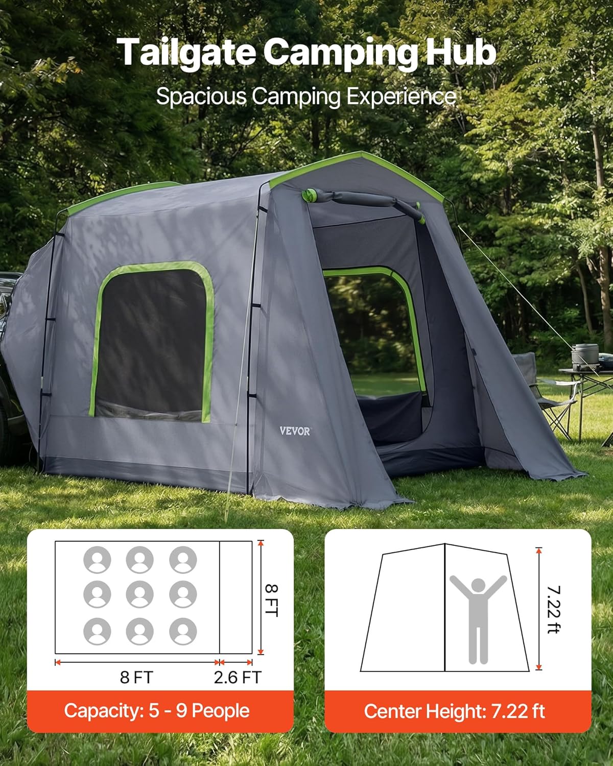VEVOR Grote 3 Seizoen SUV Tent voor 5-8 Personen, Truck Bed Tent, Groen, Aluminium Polen, Waterdichte PU2000mm, Auto Camping, Wandelen
