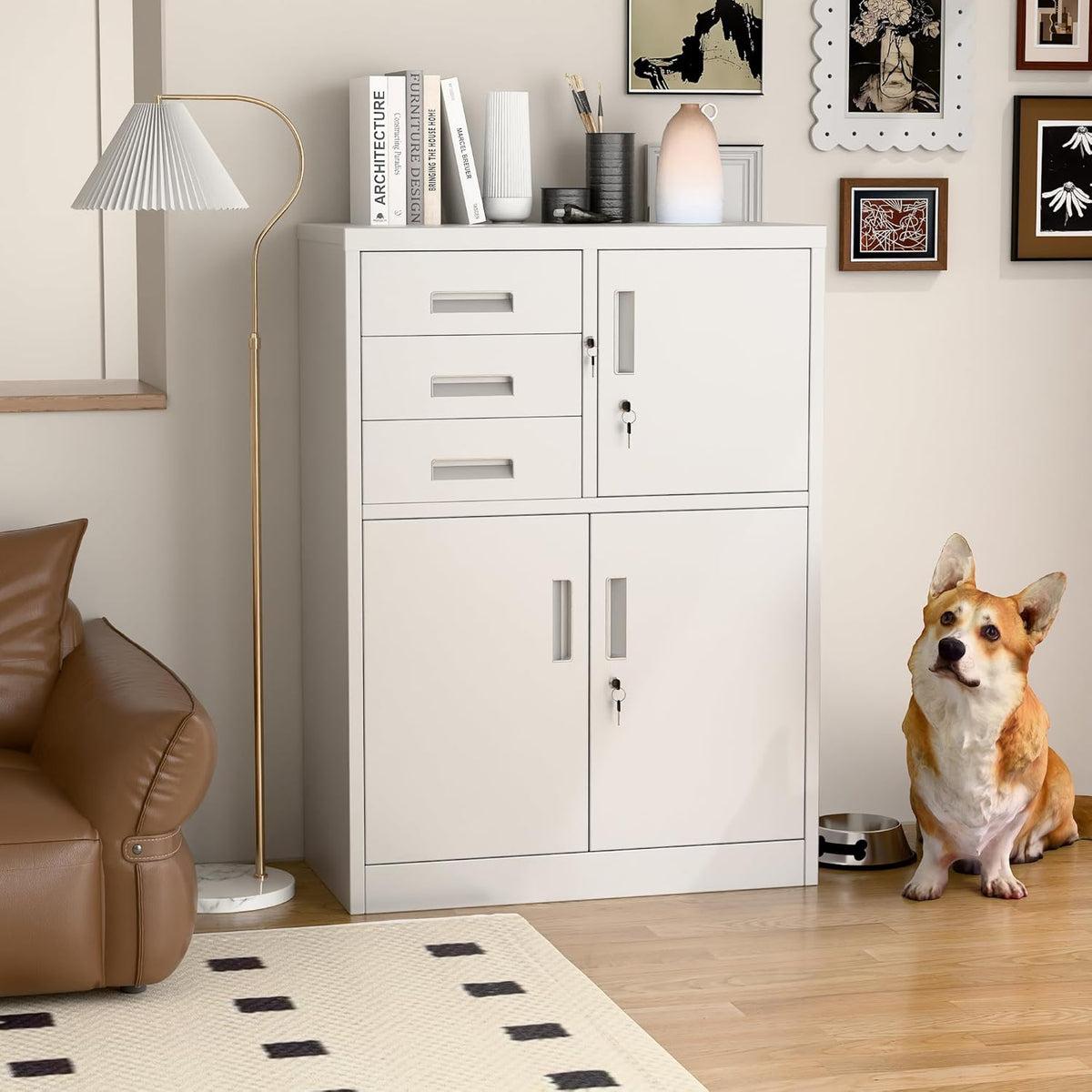 Filing cabinet, metal cabinet with three drawers, magazine cabinets, sheet steel powder coating, steel cabinet for tools, office, 110 x 80 x 40 cm (white - QUORE