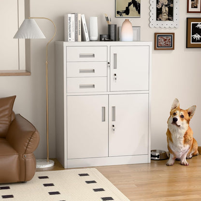Filing cabinet, metal cabinet with three drawers, magazine cabinets, sheet steel powder coating, steel cabinet for tools, office, 110 x 80 x 40 cm (white - QUORE