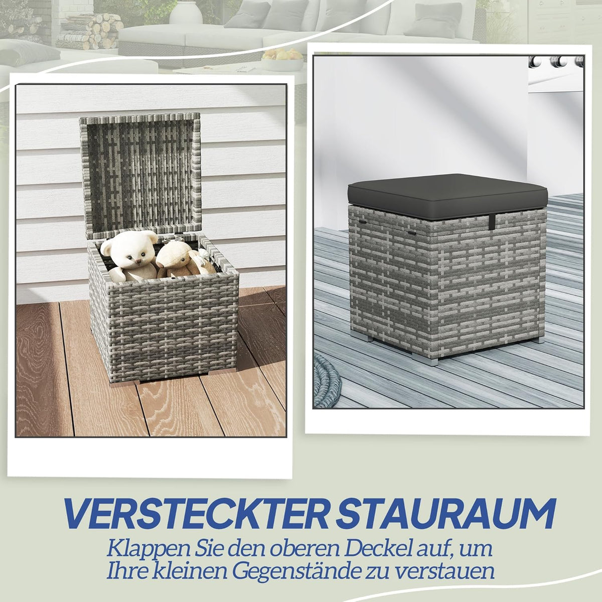 Outsunny 2er Set Rattan Hocker Sitzhocker mit Rattanoptik Stauraum Kissen Deckel 120kg load bar wetterfest Gartenhocker Fußhocker Gartenmöbel für Outdoor Garten Terrasse 40x40x41cm Dunkelgrau