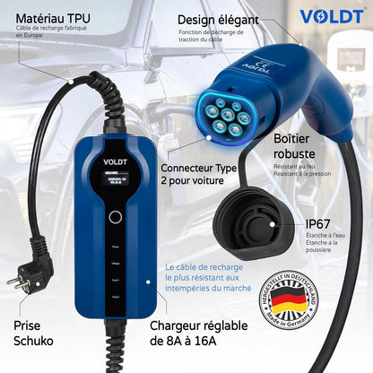VOLDT Type 2 oplaadkabel Schuko 3,7 kW, 1-fase, 8A - 16A, verstelbare EV-oplader met bestuurbaar digitaal display voor elektrische auto, oplaadkabel voor elektrische voertuigen, IP67 waterdicht